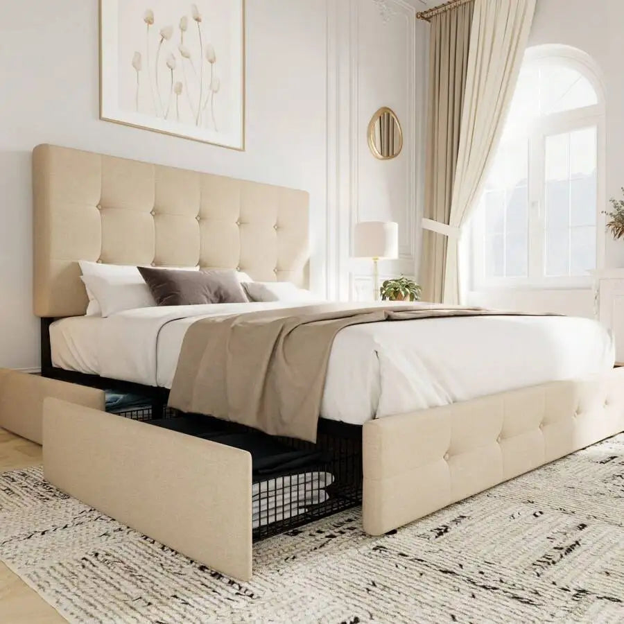 Full/Queen/King Platform Bed Frame With 4 Storage Drawers, Adjustable Headboard, Faux Leather Button Tufted Square Stitched Design, Wooden Slats, Noise-Free, No Box Spring Needed, Easy Assembly, Light Grey