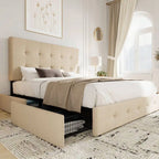 Full/Queen/King Platform Bed Frame With 4 Storage Drawers, Adjustable Headboard, Faux Leather Button Tufted Square Stitched Design, Wooden Slats, Noise-Free, No Box Spring Needed, Easy Assembly, Light Grey