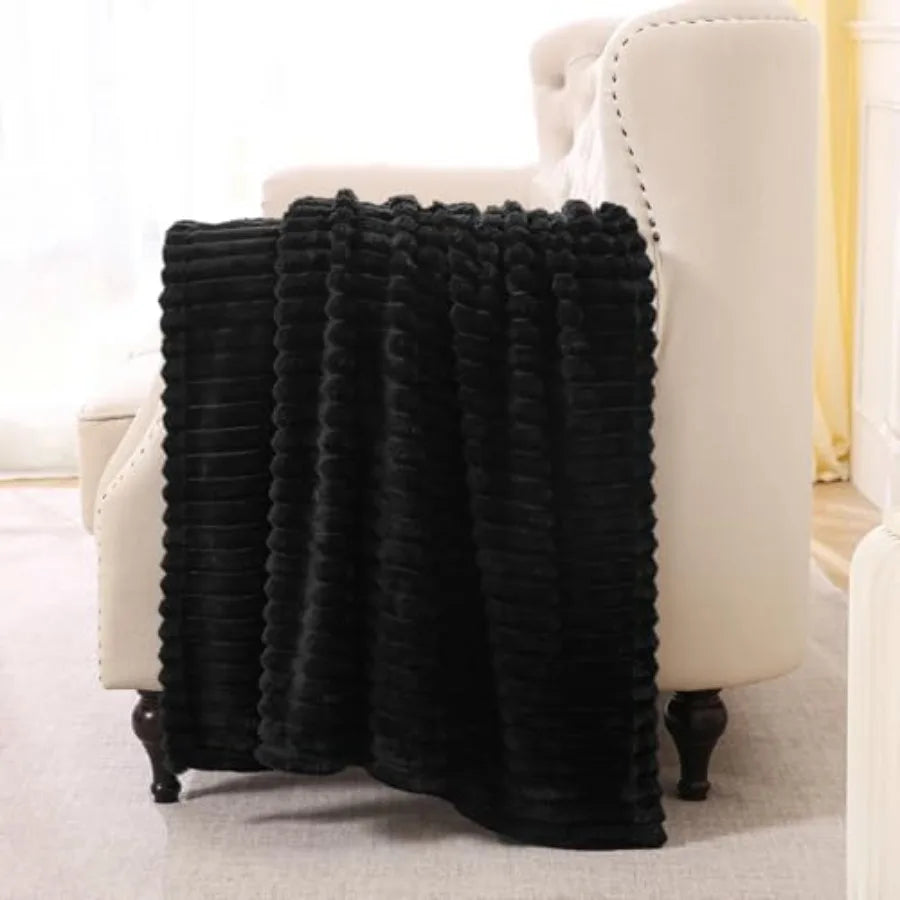 Black Fleece Throw Blanket 50"×60" for Couch Sofa Bed, Super Soft Cozy Plush Microfiber Flannel Blanket with Stripes Design Lig