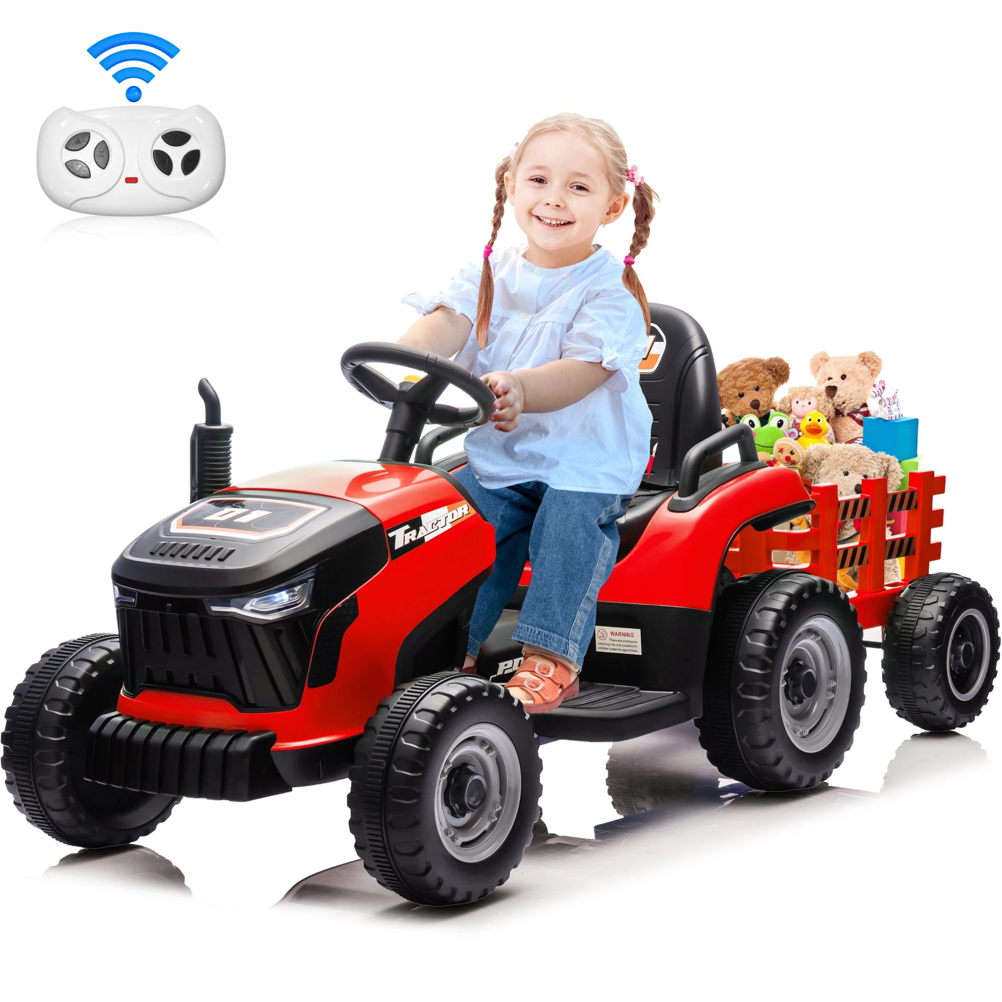 24V Kids Ride On Tractor w/400W Motors, 2-IN-1 Power Tractor Wheels w/Remote Control, Tiltable & Detachable Trailer, Adjustable Seat, Music, 24Volt Ride On Toys Electric Tractor for Kids