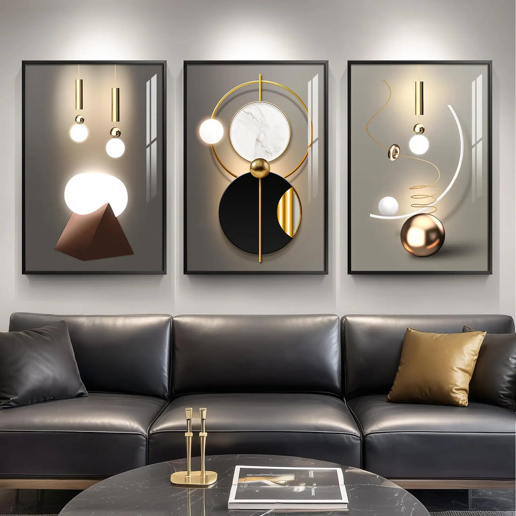 Large Framed Modern Wall Art for Living Room, 3 Piece Black and White Abstract Contemporary Pictures Artwork Decor, Geometric Luxury Bright Style Prints Paintings for Hallway and Office 24x36 Inch