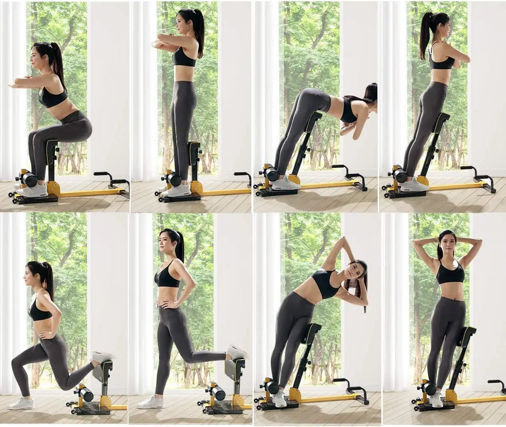 Home Gym Core Workout, PVC Material, Yellow & Black, 8 - in - 1 Sissy Squat Machine with Anti - Skid and Handy Wheels