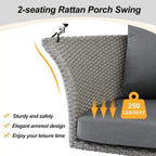 2-Person Rattan Swing Chair with Cushion, Adjustable Hanging Rope for Porch, Lawn, Garden, Backyard, or Patio (Gray)