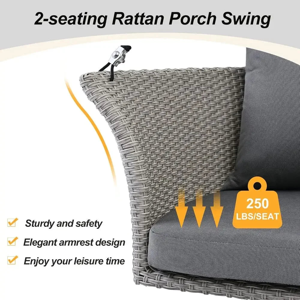 2-Person Rattan Swing Chair with Cushion, Adjustable Hanging Rope for Porch, Lawn, Garden, Backyard, or Patio (Gray)