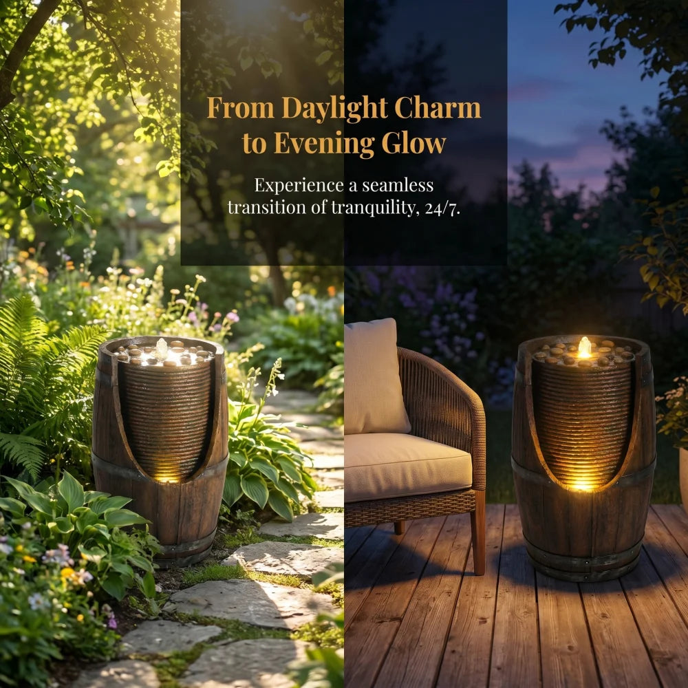 Outdoor Barrel Water Fountain with Lights Rustic Wood Look Resin Handmade Waterfall Garden Decor for Patio Yard Porch