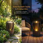 Outdoor Barrel Water Fountain with Lights Rustic Wood Look Resin Handmade Waterfall Garden Decor for Patio Yard Porch