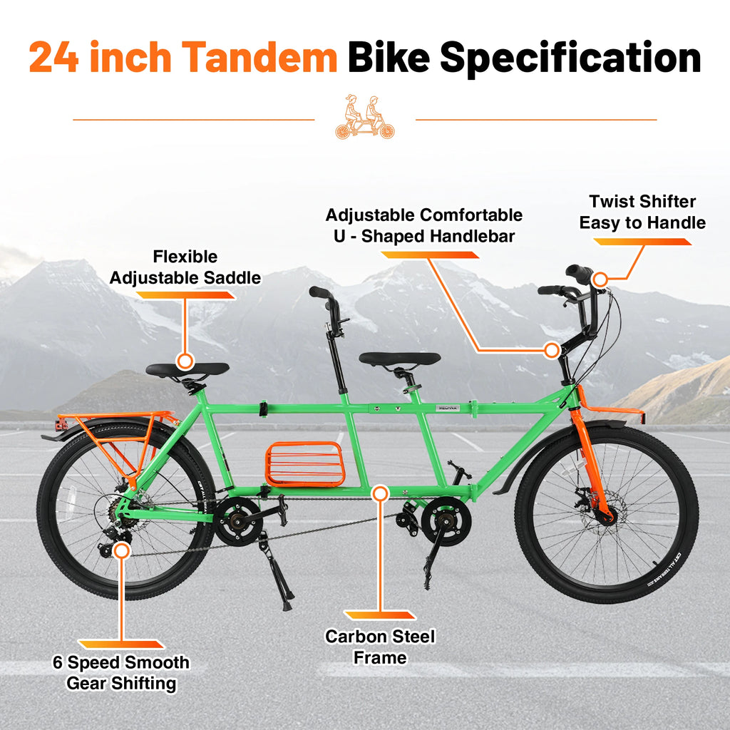 ZUKKA 24" Tandem Bike Double Rider Bicycle All Terrain Tire with Basket Rack for Couple Family Outdoor Cycling