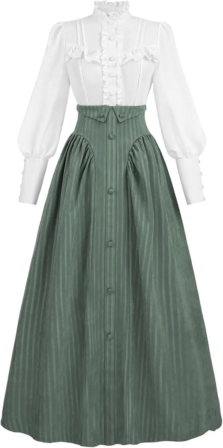 Victorian Dress for Women Edwardian Renaissance Costume Medieval Vintage 1800s Blouse Dresses 2 Piece
