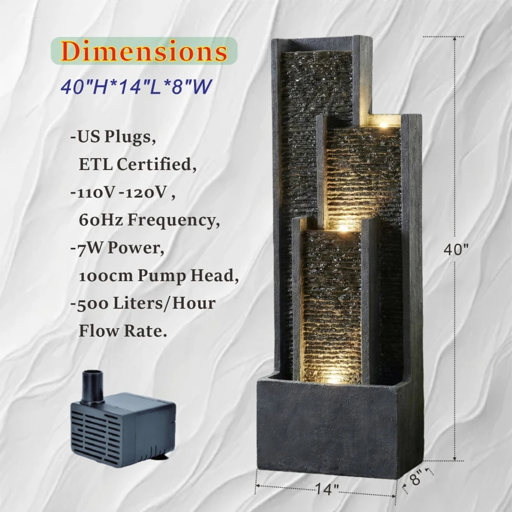 40 Inch Modern Outdoor Water Fountain, Floor Standing Cascading Waterfall with Contemporary Curves, Suitable for Porch, Office, Home Garden, Patio