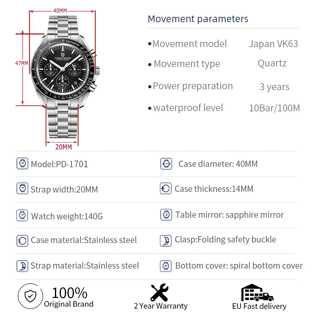 PAGANI DESIGN 1701 Moon Watches 2026 New Woven Strap Luxury Quartz Watch For Men Speed Chronograph AR Sapphire Mirror Wristwatch