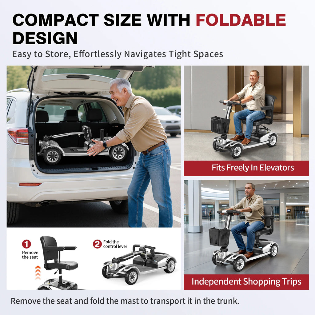 UNIFICARE S-01 Silver 4-Wheel Mobility Scooter 20AH Foldable Design with Carbon Steel Frame & Electromagnetic Brake