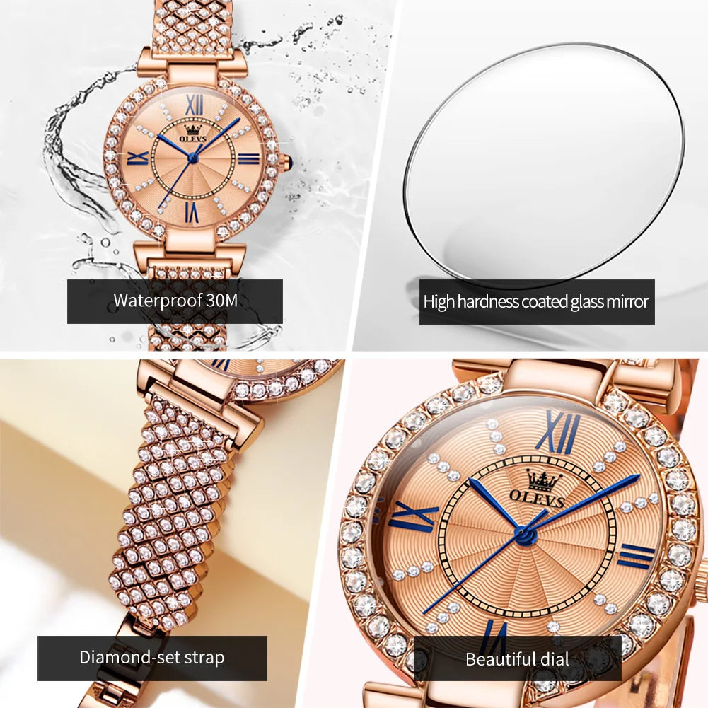 OLEVS 9942 Fashion Quartz Movement Watch For Women Full Of Diamond-set Strap Roman Scale Dial 30m Waterproof Luminous Watch