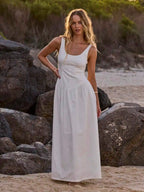 Scoop Neck Corset Style Maxi Dress Fit And Flare Flowy Beach Dress Summer White