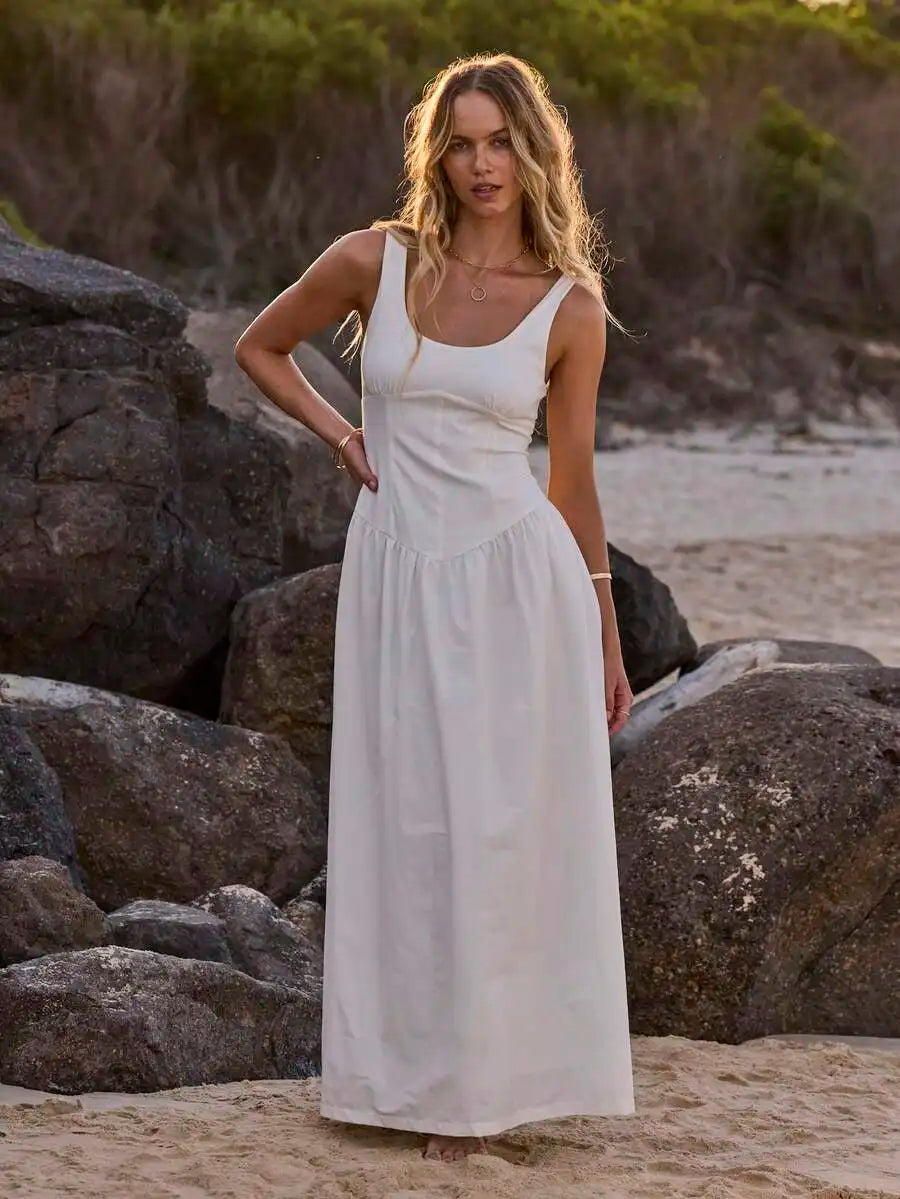 Scoop Neck Corset Style Maxi Dress Fit And Flare Flowy Beach Dress Summer White