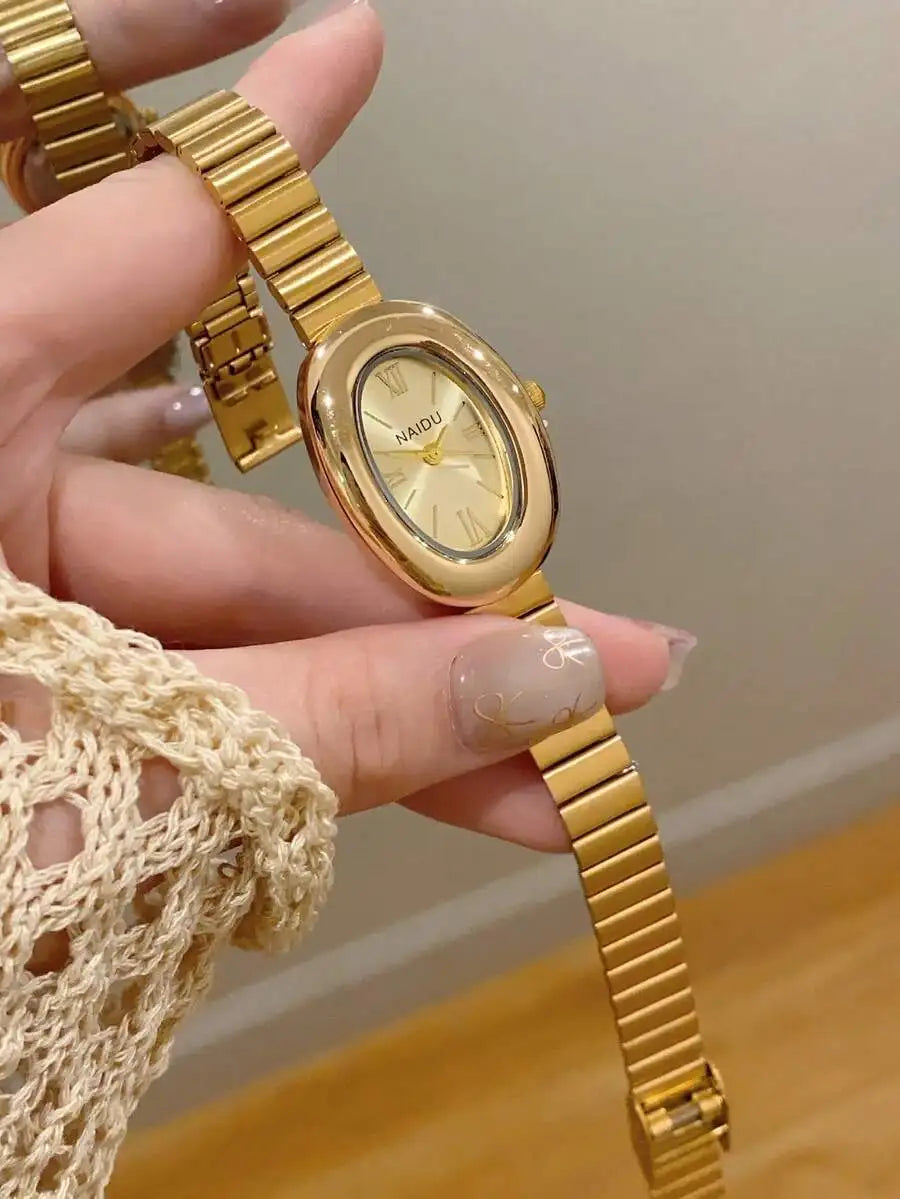 1pc Oval Bamboo Texture Strap Women's Watch, Gold Adjustable Strap, Elegant & Versatile Quartz Wristwatch, Suitable For Daily