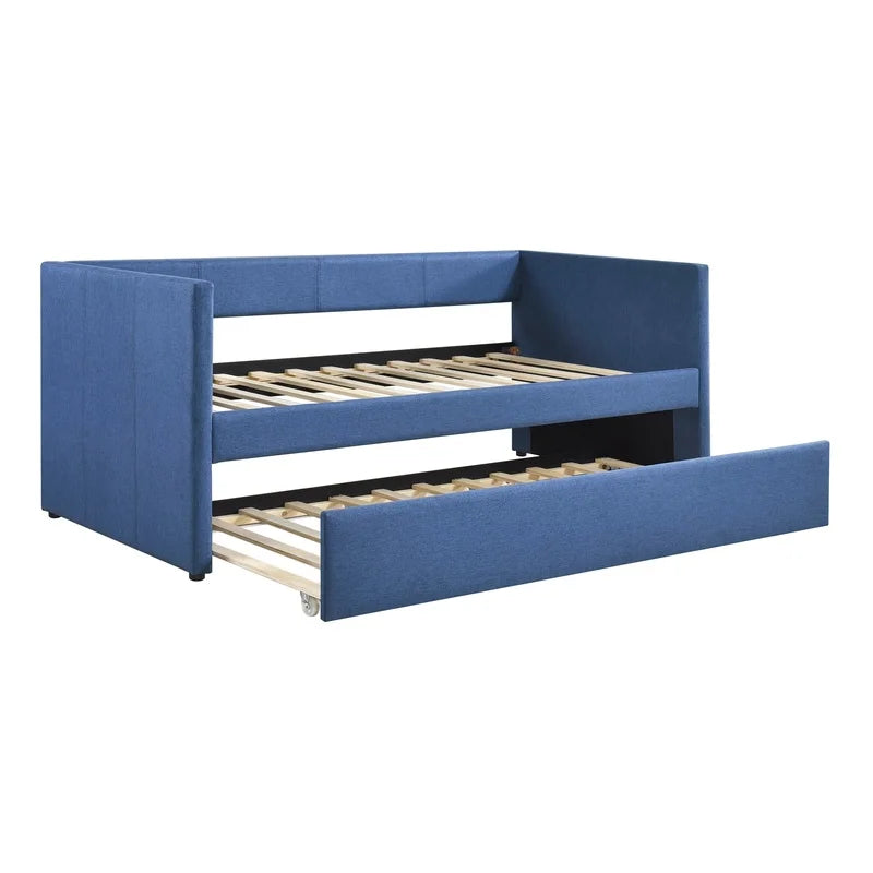 1pc Modern Blue Fabric Daybed with Wooden Frame and Trundle Storage