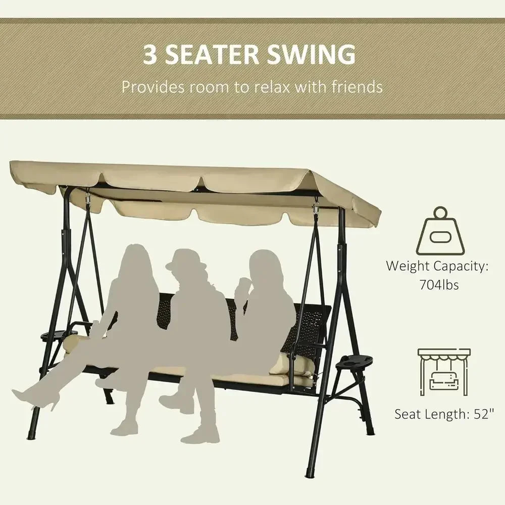 3-Seat Outdoor Swing with Adjustable Shade, Removable Cushion, and Rattan Seat for Garden, Porch, Backyard, Poolside