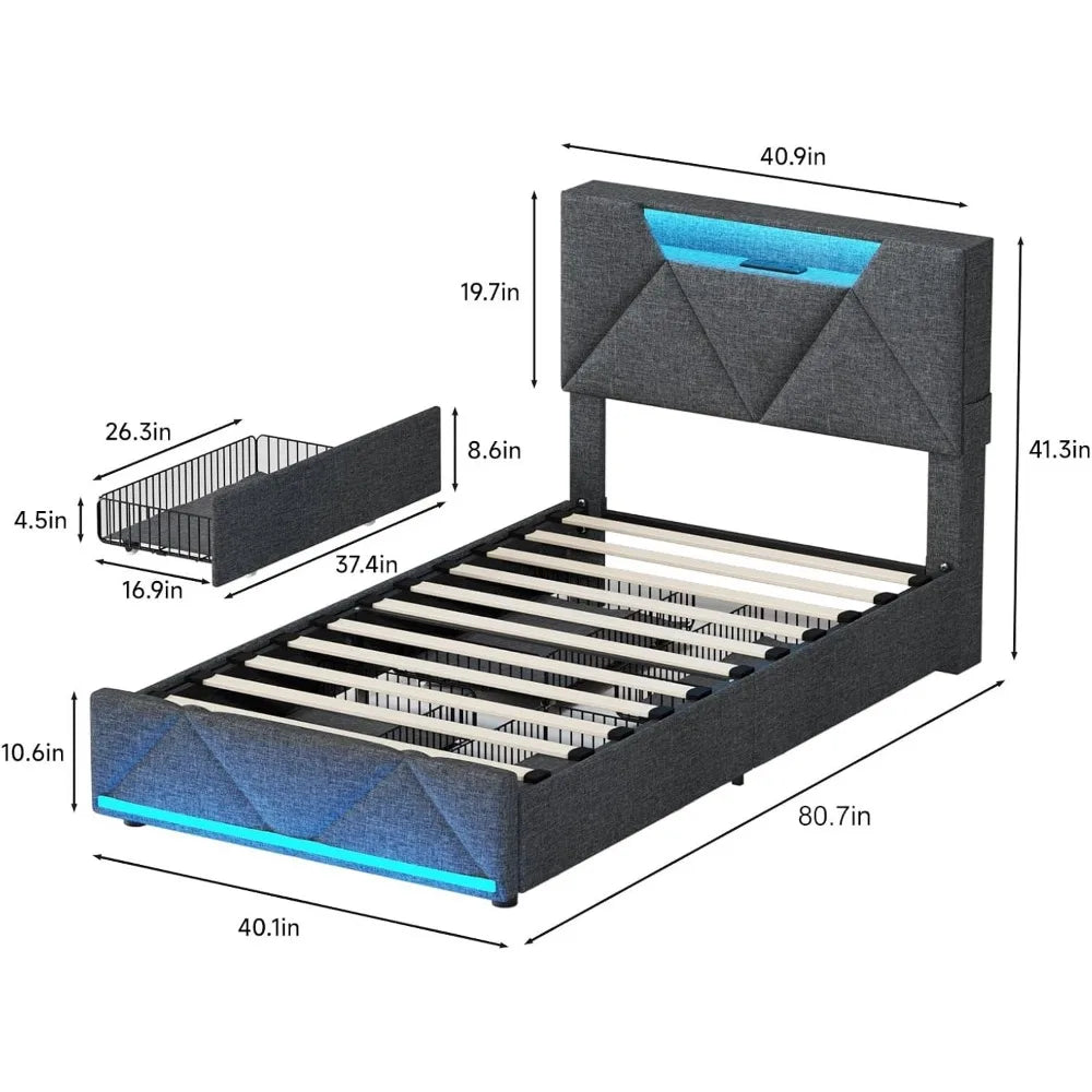 Twin Bed Frame with Storage Headboard and 4 Drawers,Upholstered Platform with Charging Station and Led Lights,Adjustable