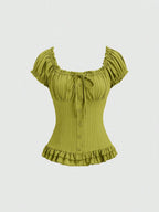 Womens Summer Solid White Ruffle Short Sleeve Blouse
