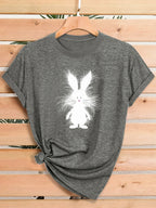 Women Fluffy White Bunny Rabbit Graphic T Shirt Cute Cartoon Animal Easter Spring Short Sleeve Crew Neck Heather Pink Casual Tee Tops