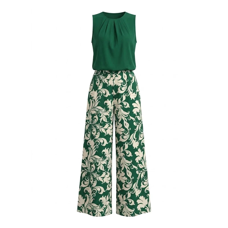 2-Piece Dark Green Round Neck Pleated Sleeveless Top Baroque Floral Print Wide Leg Pants Luxury Feel Women Office Commute Outfit