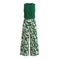 2-Piece Dark Green Round Neck Pleated Sleeveless Top Baroque Floral Print Wide Leg Pants Luxury Feel Women Office Commute Outfit
