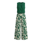 2-Piece Dark Green Round Neck Pleated Sleeveless Top Baroque Floral Print Wide Leg Pants Luxury Feel Women Office Commute Outfit