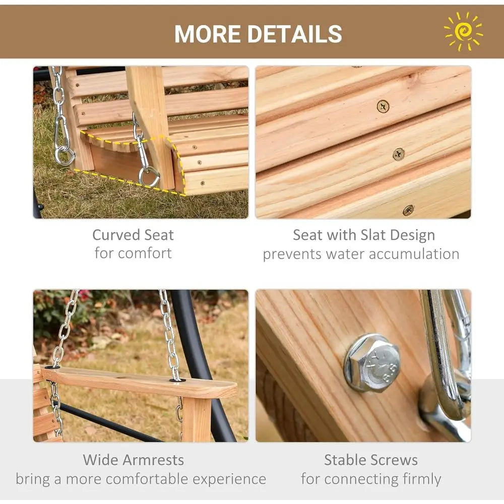 Natural 3-Person Wooden Porch Swing with Coffee Table, Cup Holders, and Chains, Supports 440lbs