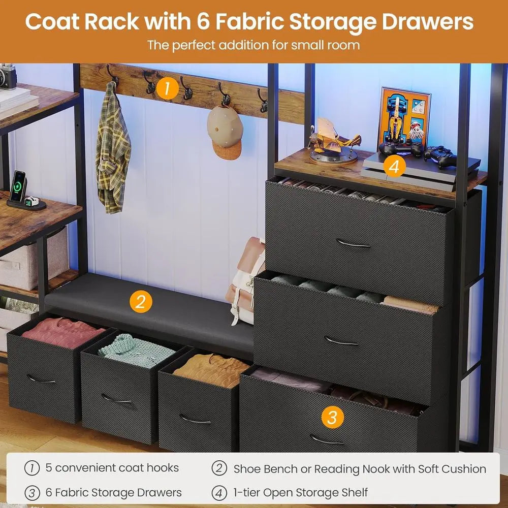 DICTAC Lot Bed Twin Size with 6 Storage Ders,Coat Rack and Open Shelves Metal Twin Lot Bed with Desk,Charging Station and LED Li