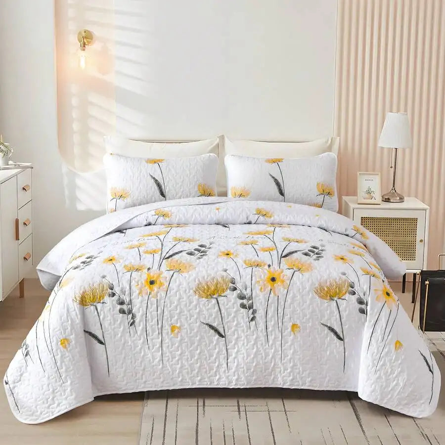 3 Pieces  Yellow Flower Quilt Set Twin Full Queen King Size, Paisley Patchwork Plaid Bedspread Bedding Sets  Coverlet Set.