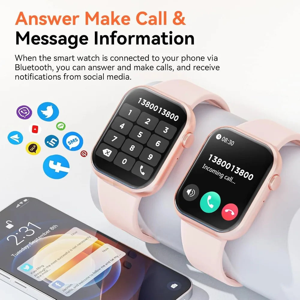 Smart Watch 1.85" Fitness, Call Answer, Custom Dials, Pedometer, Calories, Multi-Sport Modes, Voice Assistant for Android/iOS