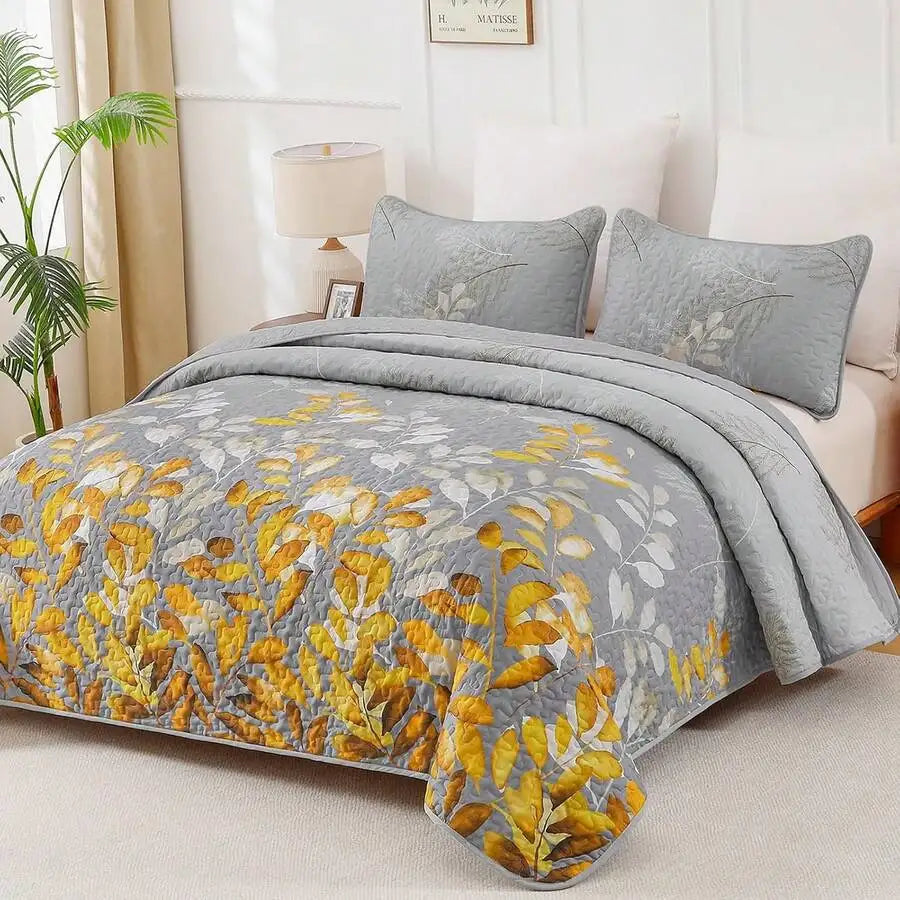 3 Pieces  Yellow Flower Quilt Set Twin Full Queen King Size, Paisley Patchwork Plaid Bedspread Bedding Sets  Coverlet Set.