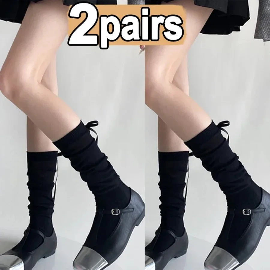 1/2/5 Pairs Lolita Long Socks Women Summer Ultra Thin Breathable Bandage Ribbon Bow Sweet Girls JK Style Black White Stockings