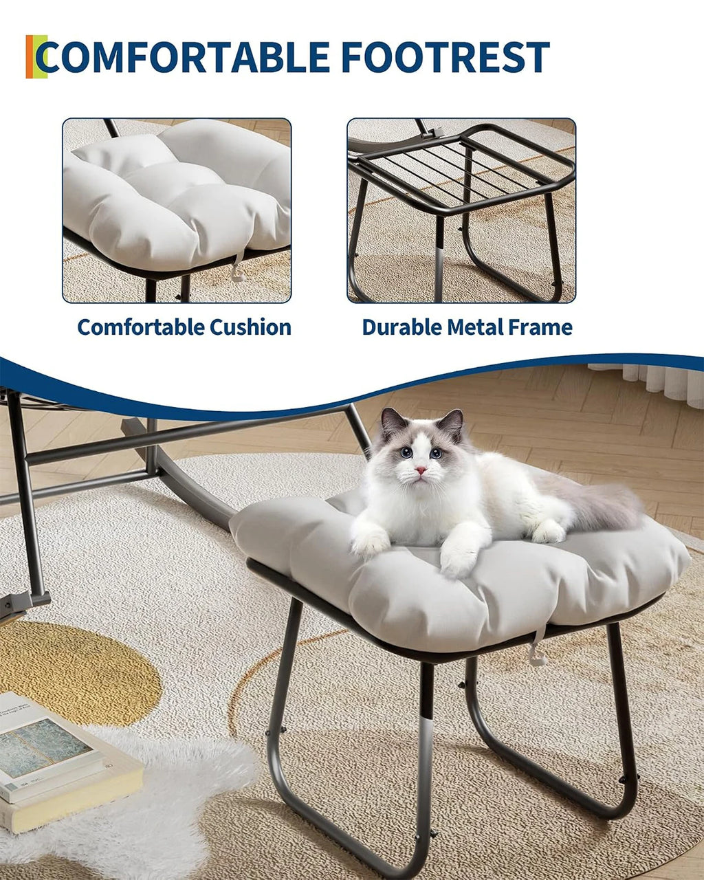Oversized Papasan Rocking Chair With Footrest, Indoor Outdoor Egg Lounge Rocker, 350LBS Metal Frame For Patio Porch Living Room