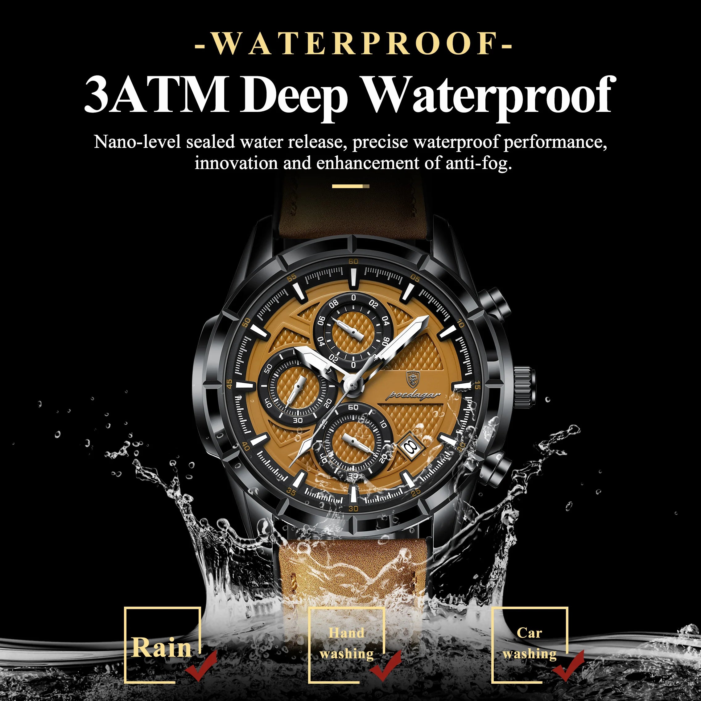 POEDAGAR Top Original Vintage Men Wristwatch Date Chronograph Fashion Leather Quartz Men's Watches Waterproof Luminous Business Man Watch High Quality Reloj