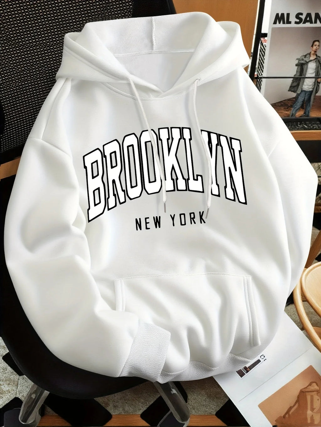 Men Vintage Print Casual Hoodie, Polyester Knit Sweatshirt With Front Kangaroo Pocket