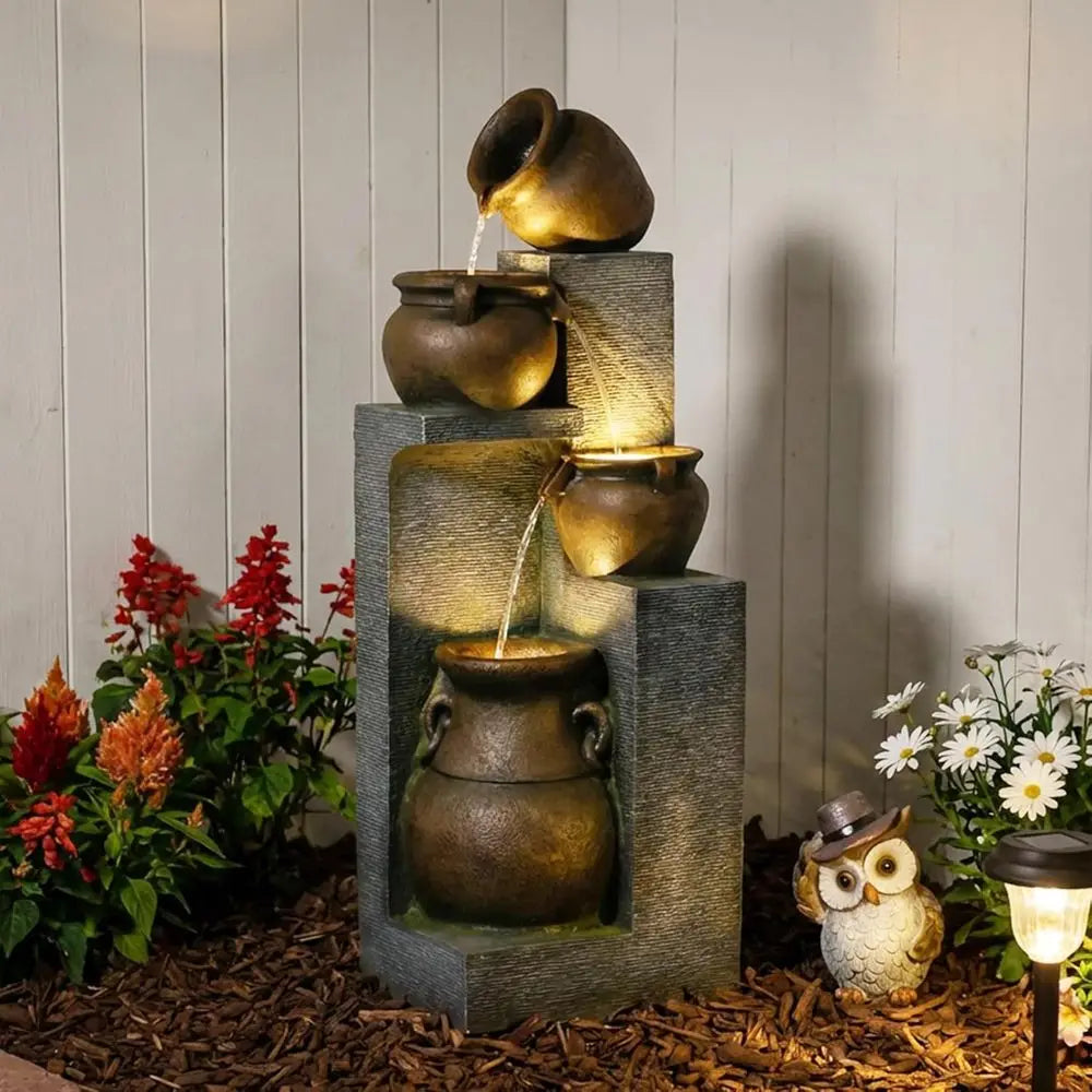 4-Tier Cascading Bowl Outdoor Water Fountain with Lights for Garden, Patio, Backyard, and Home Decor