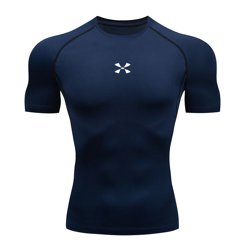 Summer Men Athletic Compression Short Sleeve Running T Shirt Elastic Polyester Quick Dry Gym Workout Fitness Top