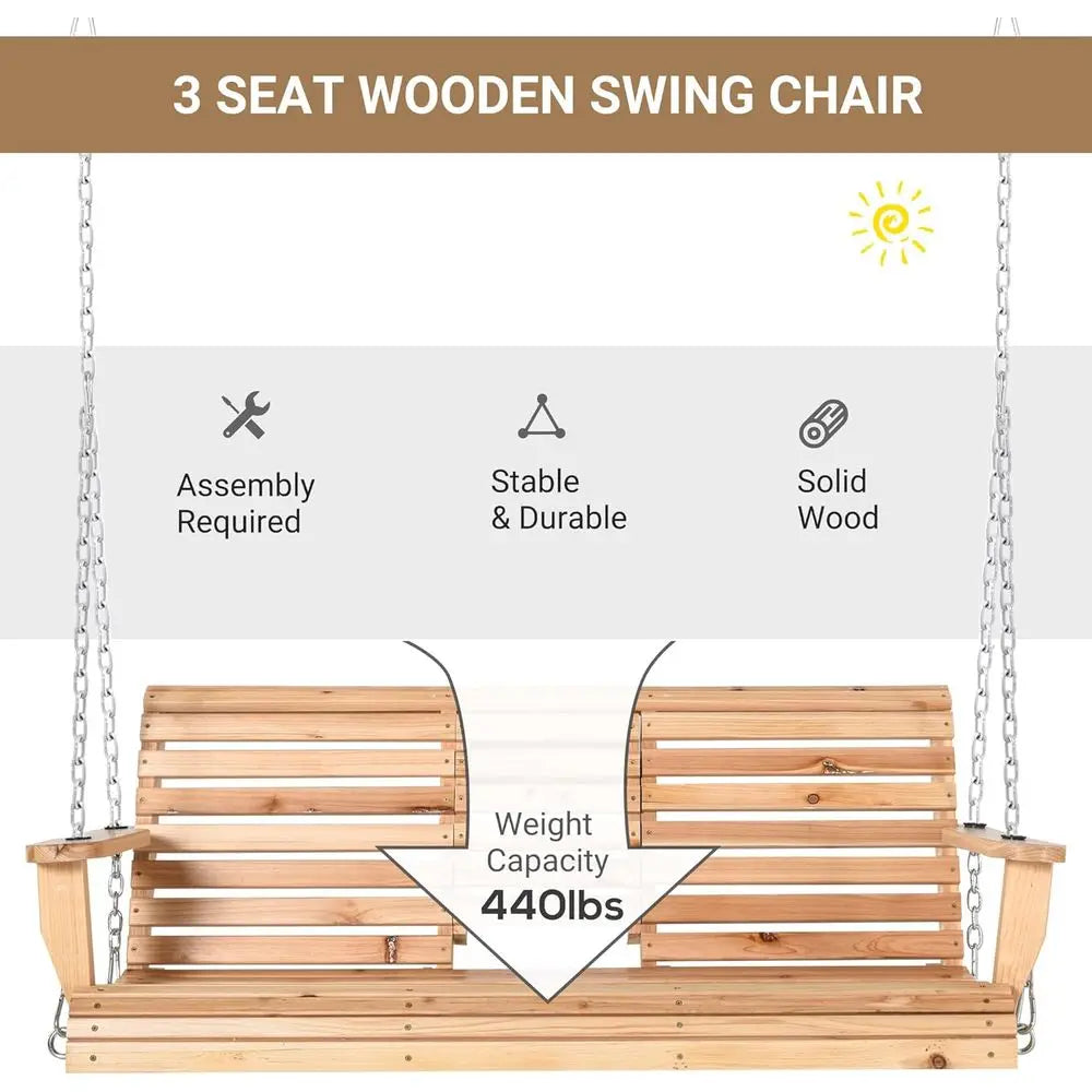 Natural 3-Person Wooden Porch Swing with Coffee Table, Cup Holders, and Chains, Supports 440lbs