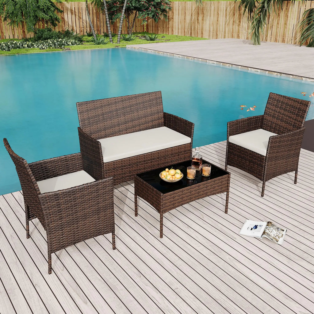 4 Piece Patio Furniture Set, Outdoor Rattan Bistro Set With Cushioned Sofa, 2 Chairs, Glass Table For Porch Backyard