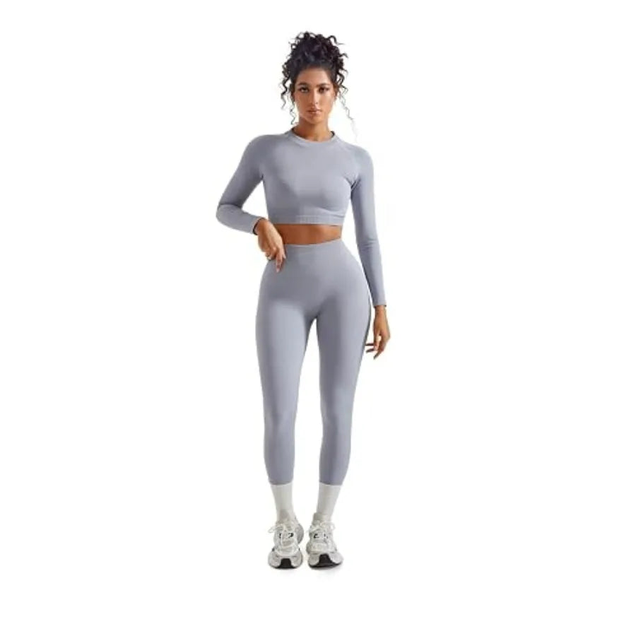 SUUKSESS Women 2 Pcs Workout Sets Hidden Scrunch Hip Lifting Seamless Leggings Long Sleeve Yoga Crop Tops
