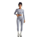 SUUKSESS Women 2 Pcs Workout Sets Hidden Scrunch Hip Lifting Seamless Leggings Long Sleeve Yoga Crop Tops