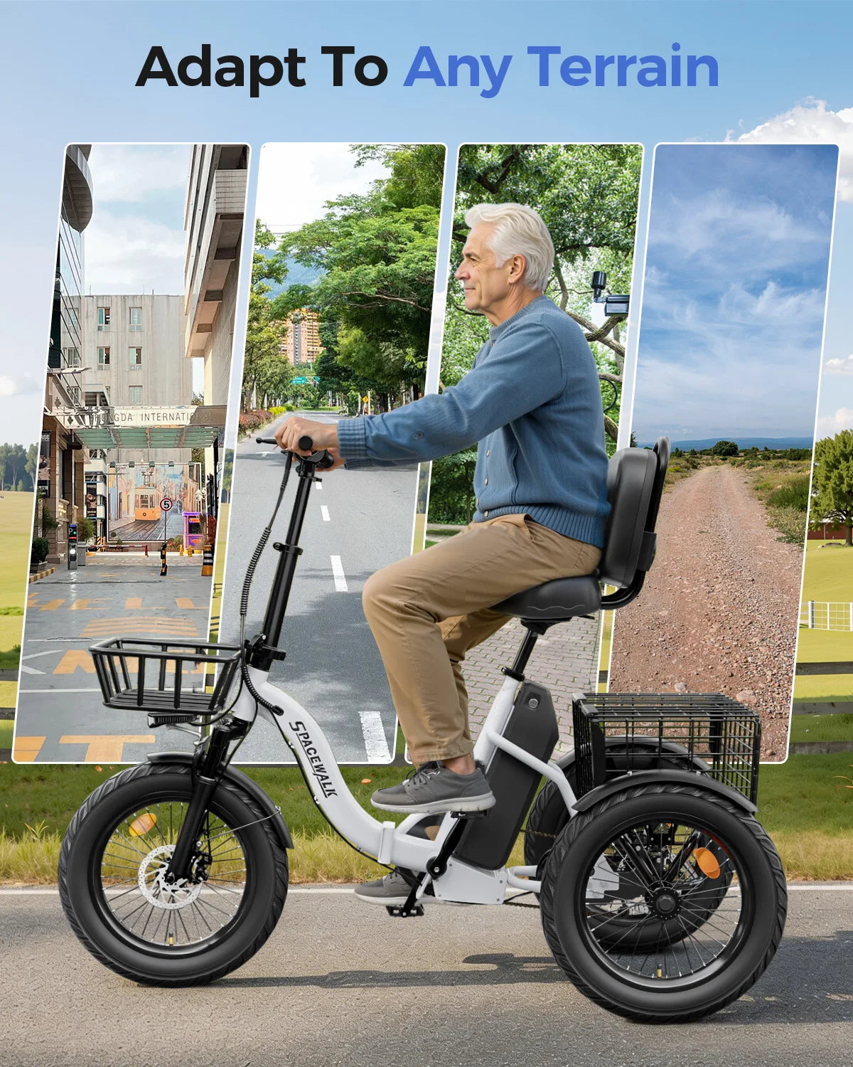 Spacewalk Electric Trike for Adults 1200W Peak Motor, 48V 15Ah Fat Tire 3 Wheel Electric Bike, 60 Miles Long Range Folding Cargo E Bike with Rear Basket, Adjustable Backrest Seat for Seniors-White