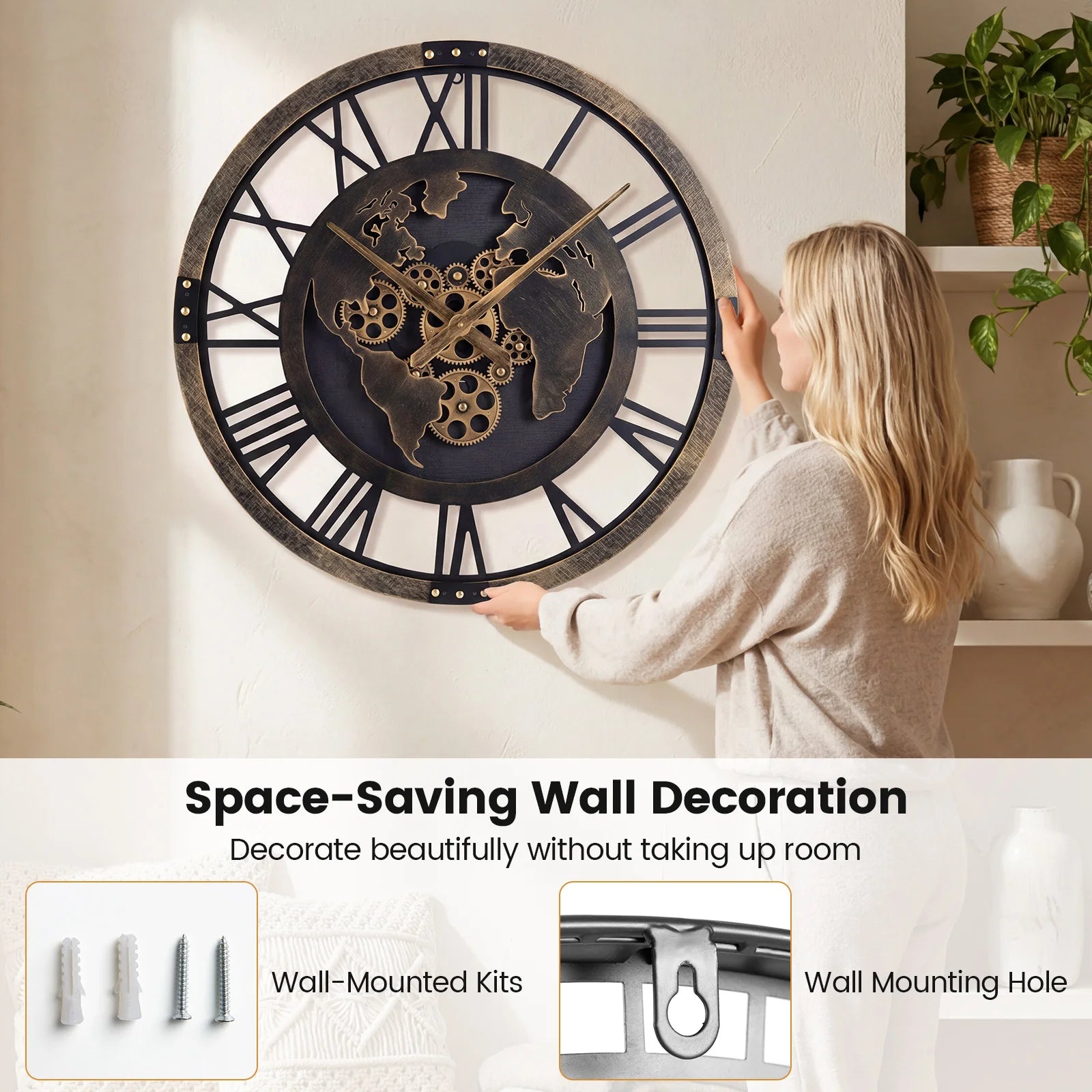 Large Wall Clock, 27” Gear Clock w/ World Map, Non-Ticking Decorative Metal Clock