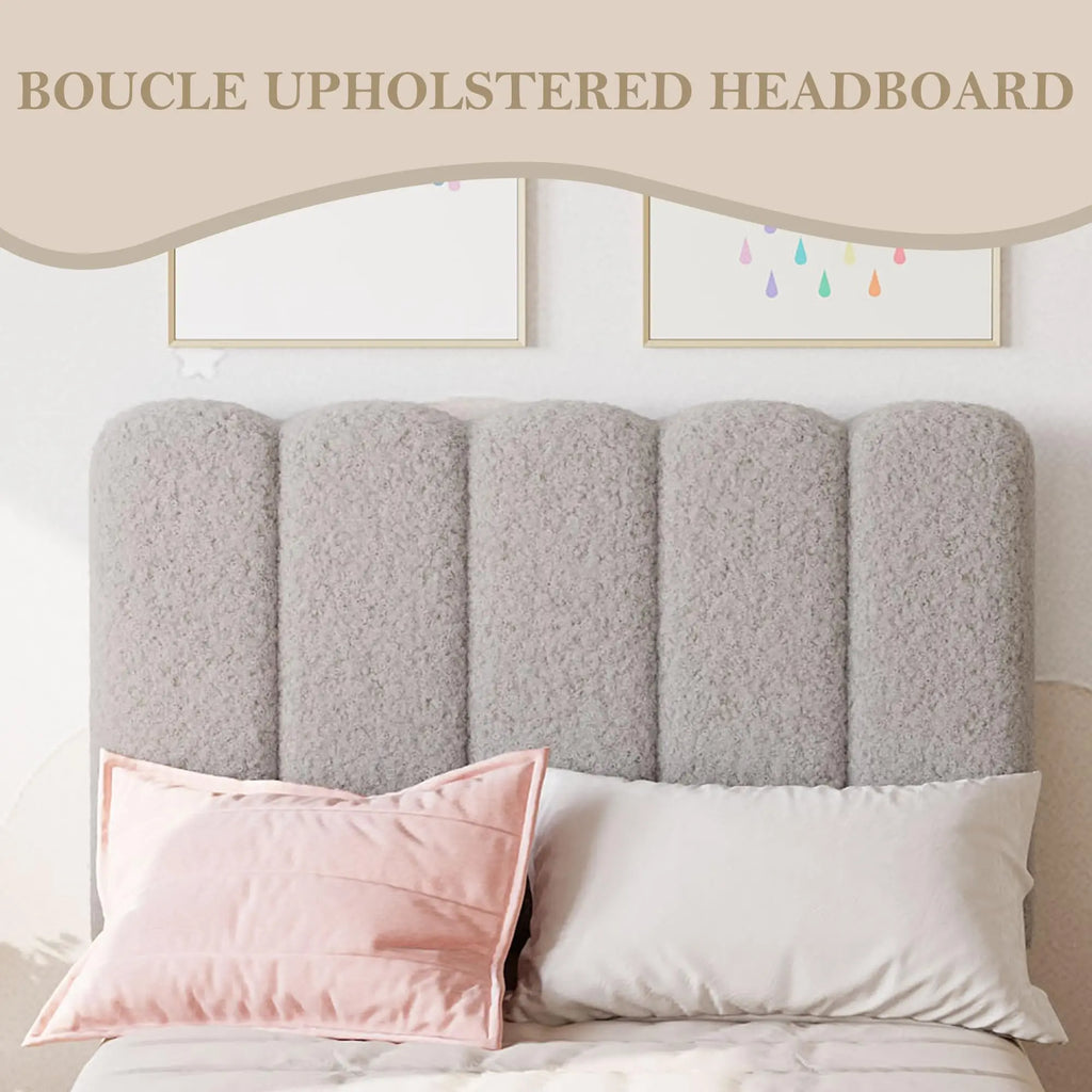 Upholstered Platform Bed Frame With Wave Headboard For Girls And Kids Sturdy Wooden Slats No Box Spring Needed Easy Assembly Twin XL Size Lambswool Light Gray