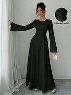 Elegant Ivory A-Line Satin Maxi Dress With Cinched Waist And Flare Sleeves
