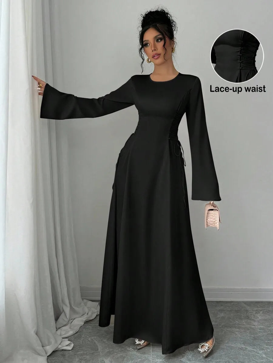 Elegant Ivory A-Line Satin Maxi Dress With Cinched Waist And Flare Sleeves