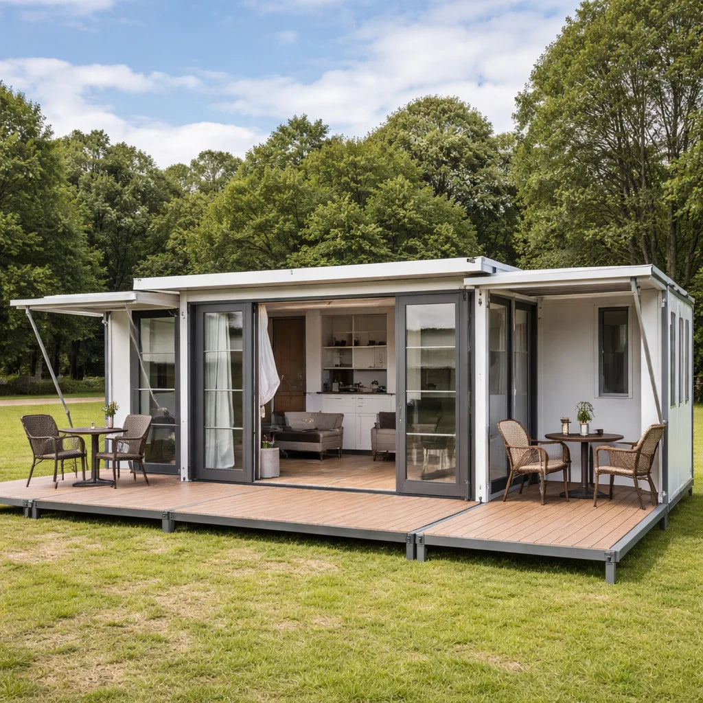 Portable Modular House Bedroom Bathroom Kitchen Beachside Vacation Rental Living with Ocean View and Sunset Relaxation Deck