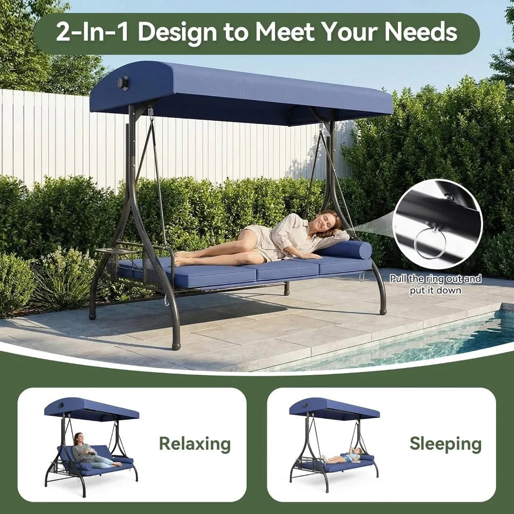 3-Seat Convertible Swing Bed with Cushions, Suitable for Outdoor Spaces, Blue