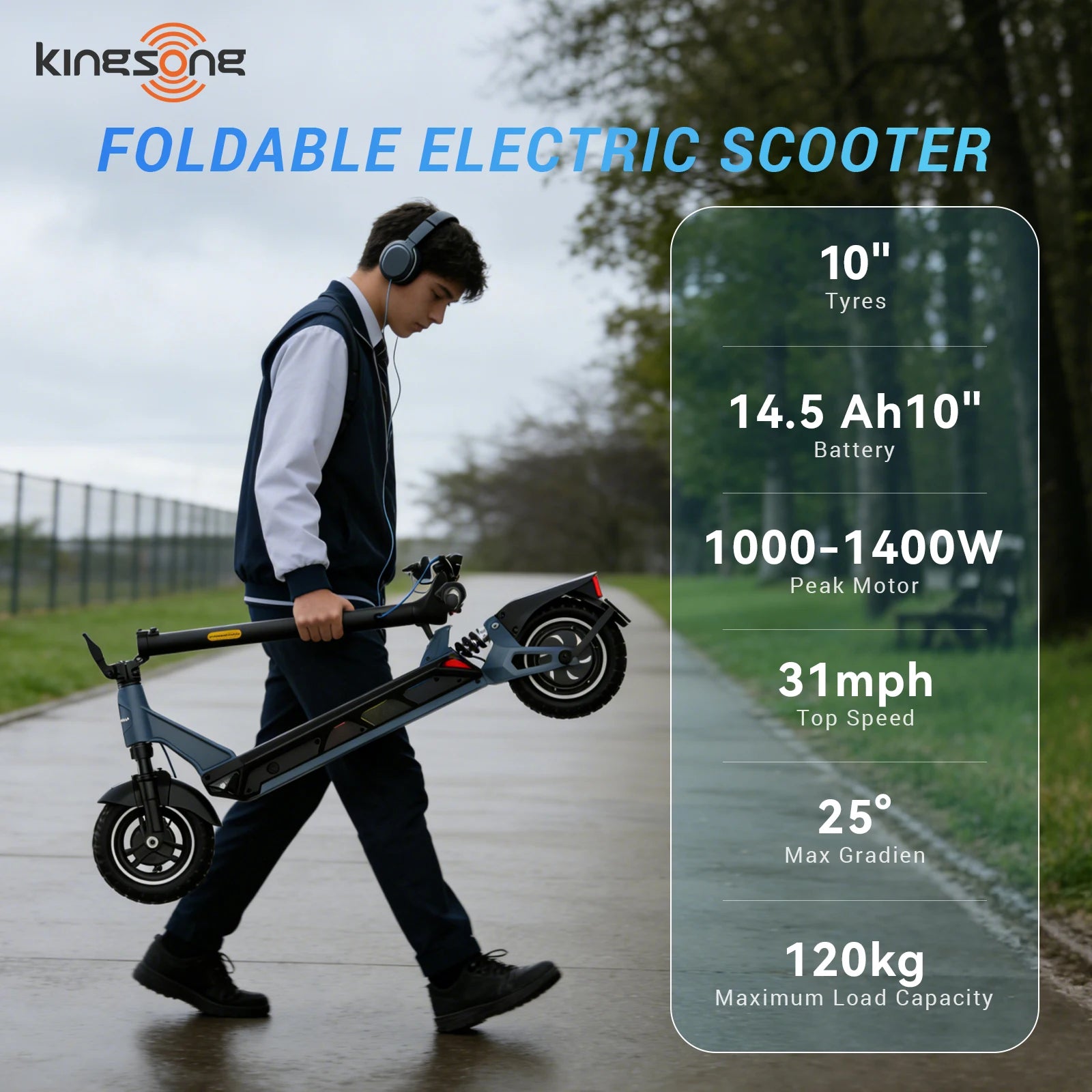 Kingsong Foldable Electric Scooter for Adults, 1000W Motor, 60V 14.5Ah Battery Long Range 50 Miles E-Scooter 31MPH Fast Speed, 10" Air Tires, High Power Commuter Scooter